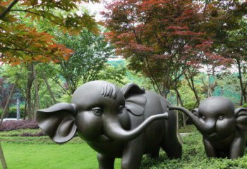 母子雕塑-园林草坪创意抽象不锈钢仿铜大象母子雕塑