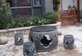 石桌雕塑-家用庭院摆放大理石黑镂空圆鼓休闲石桌石凳