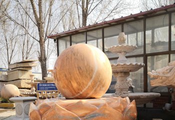 风水球雕塑-中式莲花座风水球晚霞红喷泉石雕