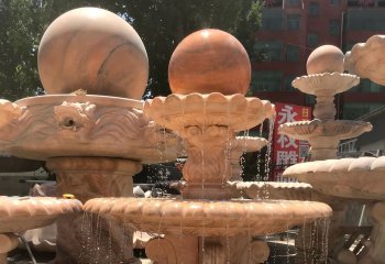 喷泉雕塑-室外别墅摆放晚霞红双层风水球石雕喷泉