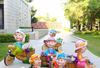 花园娃娃雕塑-户外园林玻璃仿真童趣彩绘骑车的花园娃娃雕塑