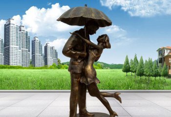 情侣雕塑-公园铜雕打伞接吻的情侣雕塑