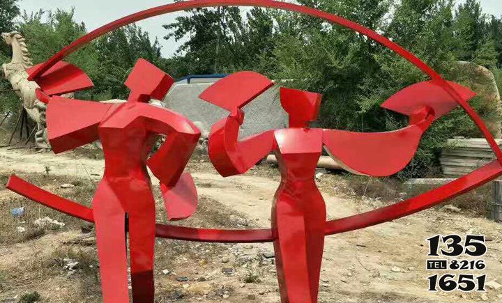 跳舞蹈雕塑-不锈钢抽象公园摆放跳扇子舞的人物雕塑高清图片