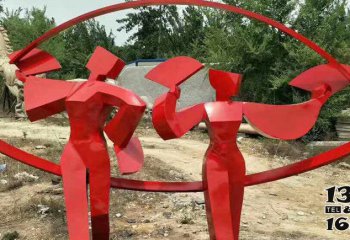跳舞蹈雕塑-不锈钢抽象公园摆放跳扇子舞的人物雕塑