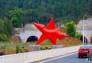 五角星雕塑-街道边摆放的红色创意五角星雕塑