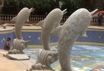 海豚雕塑-海边三只吃食的石雕海豚雕塑