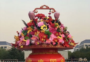 花篮雕塑-天安门春节玻璃钢彩绘欢度国庆花篮雕塑