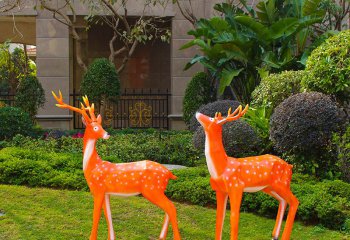 梅花鹿雕塑-公园景区两只散步的玻璃钢彩绘梅花鹿雕塑