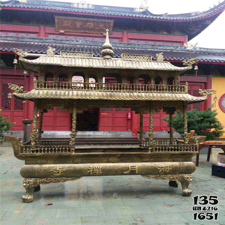 香炉雕塑-八龙柱仿古道教寺院二层黄铜香炉高清图片