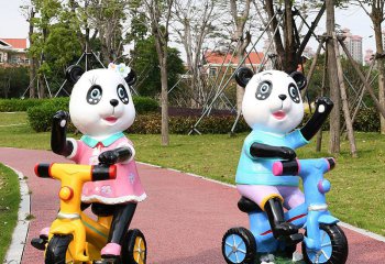 熊猫雕塑-小区儿童游乐园骑车熊猫玻璃钢雕塑