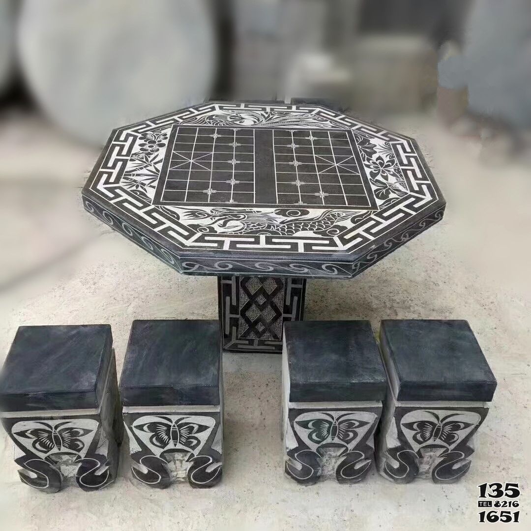桌椅雕塑-公园象棋雕刻网格仿古桌凳石雕高清图片