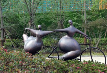 自行车雕塑-小区花园广场摆放抽象胖人骑单车玻璃钢仿铜雕塑