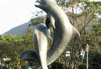 海豚雕塑-景区园林一家三口不锈钢海豚雕塑