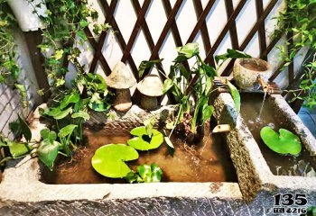 石槽雕塑-酒店室内摆放创意老石槽流水鱼缸水循环景观