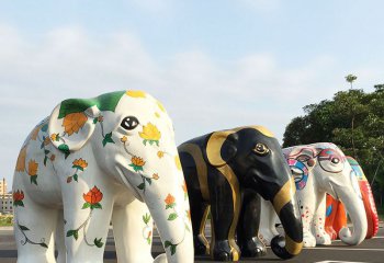 大象雕塑-公园玻璃钢彩绘创意一排景观装饰品大象雕塑