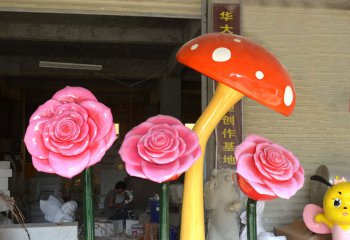玫瑰花雕塑-户外玻璃钢彩绘蘑菇玫瑰花雕塑
