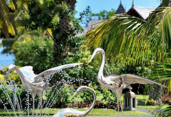 鹤雕塑-公园池塘不锈钢镜面抽象喷泉中的鹤雕塑