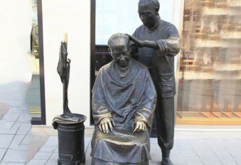 理发雕塑-步行街民俗文化人物剃头铸造黄铜雕塑
