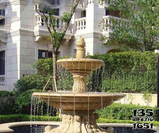 喷泉雕塑-别墅景观晚霞红多层喷泉石雕高清图片