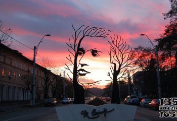 树雕塑-不锈钢步行街边抽象树枝人头雕塑