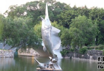 鱼雕塑-景区池塘两只长嘴不锈钢鱼雕塑