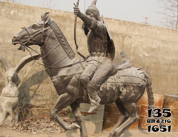 射击雕塑-景点摆放古代战马与射箭的士兵铸铜雕塑高清图片