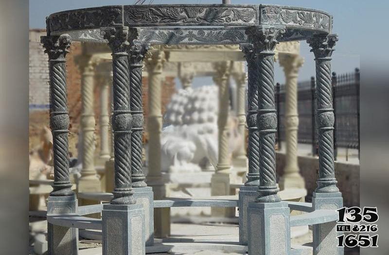 凉亭雕塑-广场青石做旧圆形罗马柱露天凉亭休闲座椅高清图片