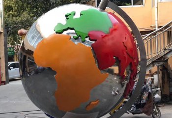 地球仪雕塑-不锈钢创意彩绘镜面地球仪雕塑