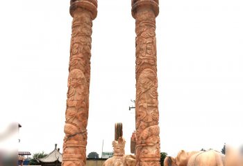 龙柱雕塑-小区广场摆放晚霞红龙柱石雕