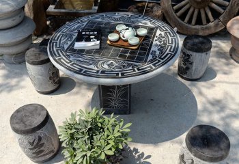 石桌雕塑-庭院家用雕刻棋盘格芝麻黑石桌椅