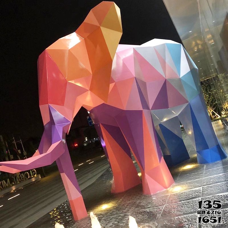 大象雕塑-城市街道大型景观玻璃钢几何彩绘大象雕塑