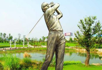 打高尔夫雕塑-公园摆放打高尔夫球人物彩绘玻璃钢仿铜雕塑