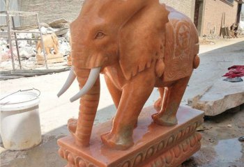 大象雕塑-大型户外景观晚霞红石雕大象雕塑