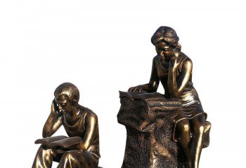 读书雕塑-园林创意铜雕男孩女孩在一起的读书雕塑