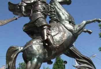 关公雕塑-景点大型不锈钢仿铜骑马的关公雕塑