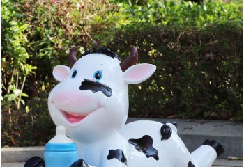 牛雕塑-幼儿园一只趴着喝奶的玻璃钢牛雕塑
