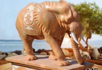 大象雕塑-户外景区晚霞红石雕大象雕塑