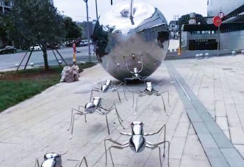 蚂蚁雕塑-酒店广场摆放蚂蚁推苹果不锈钢蚂蚁雕塑