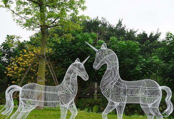 独角兽雕塑-公园里摆放的了两只不锈钢镂空创意独角兽雕塑