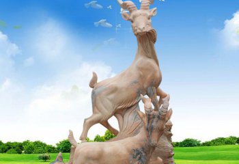 三羊开泰雕塑-公园创意晚霞红石雕母子羊吉祥三羊开泰雕塑