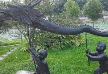 舞龙雕塑-公园舞龙的小孩小品玻璃钢仿铜雕塑