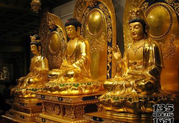 如来佛祖雕塑-寺庙不锈钢泛着金光的如来佛祖雕塑