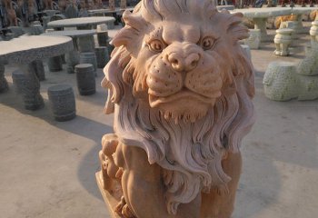 狮子雕塑-公园创意晚霞红石雕坐着的狮子雕塑