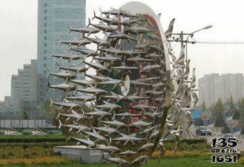 鱼雕塑-广场一群空中游泳的不锈钢镜面鱼雕塑