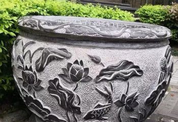花盆雕塑-庭院大型浮雕荷花青石石雕花盆雕塑