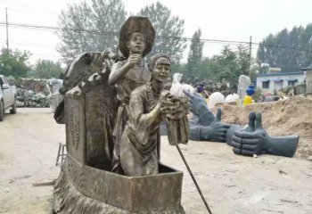 船雕塑-旅游景区步行街摆放一男一女划船游玩漆金铜船雕塑