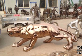 豹子雕塑-不锈钢行走的金钱豹雕塑