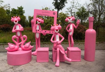 豹子雕塑-海边创意彩绘喷漆可爱粉红豹玻璃钢雕塑