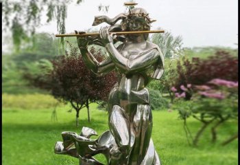 吹奏雕塑-户外不锈钢草坪创意吹笛子的女孩公园吹奏雕塑
