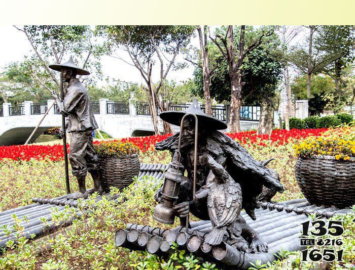 打渔雕塑-景区公园人物老翁和渔夫划竹排捕鱼铸造青铜雕塑高清图片
